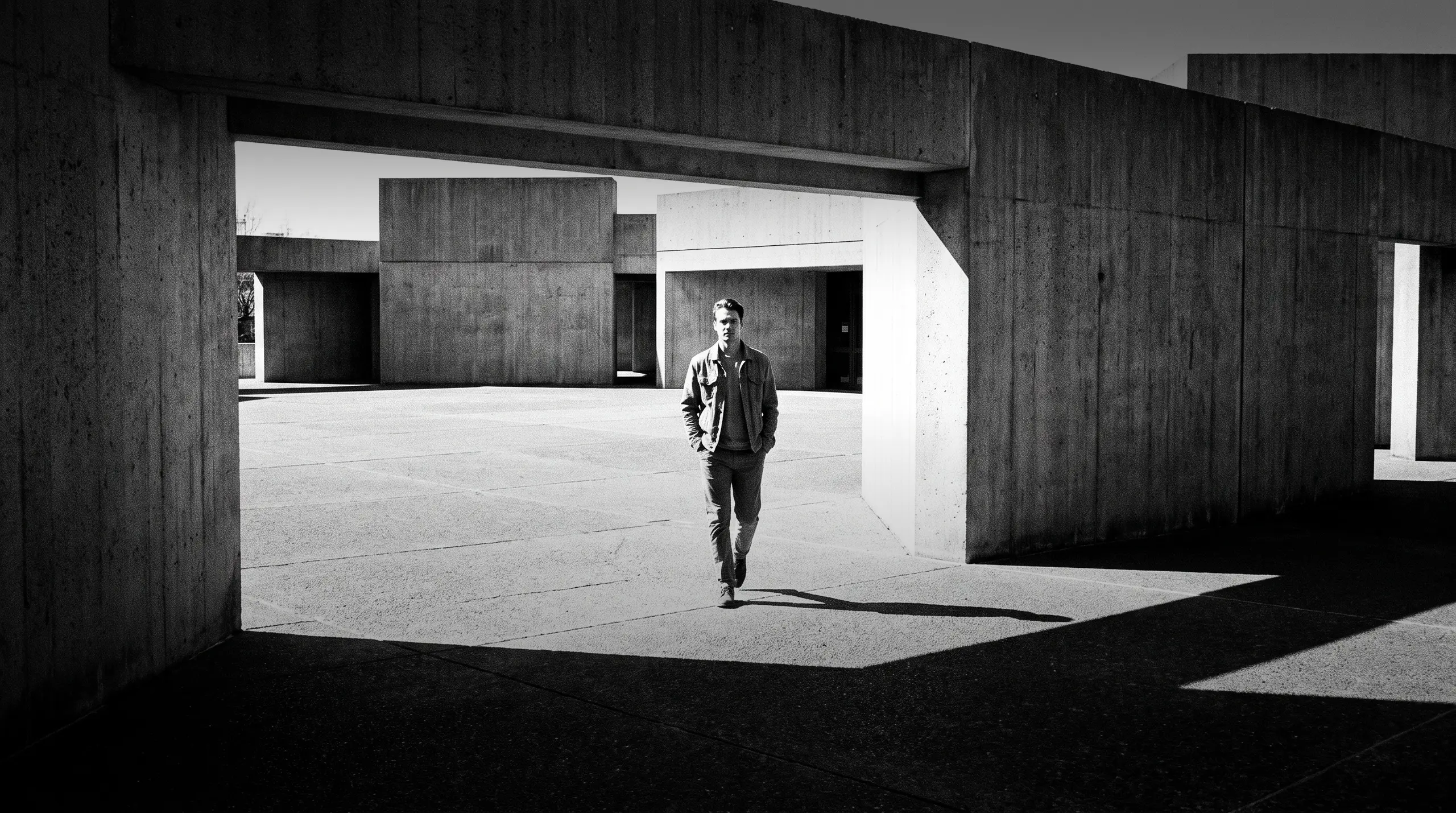 HUMAN STRUCTURES: Un homme franchit un portail de béton en direction de l'objectif, une vaste esplanade aux volumes cubiques de béton se déployant derrière lui.