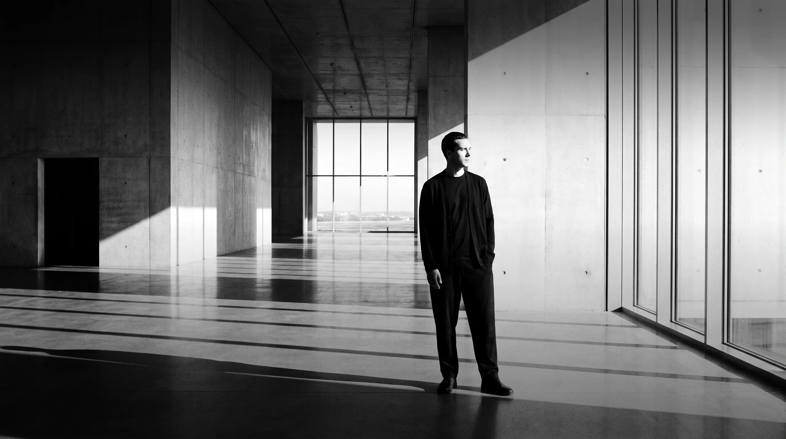 HUMAN STRUCTURES: Un homme se tient dans un couloir en béton et regarde de côté, des bandes de lumière et d'ombre traversant le sol devant lui.