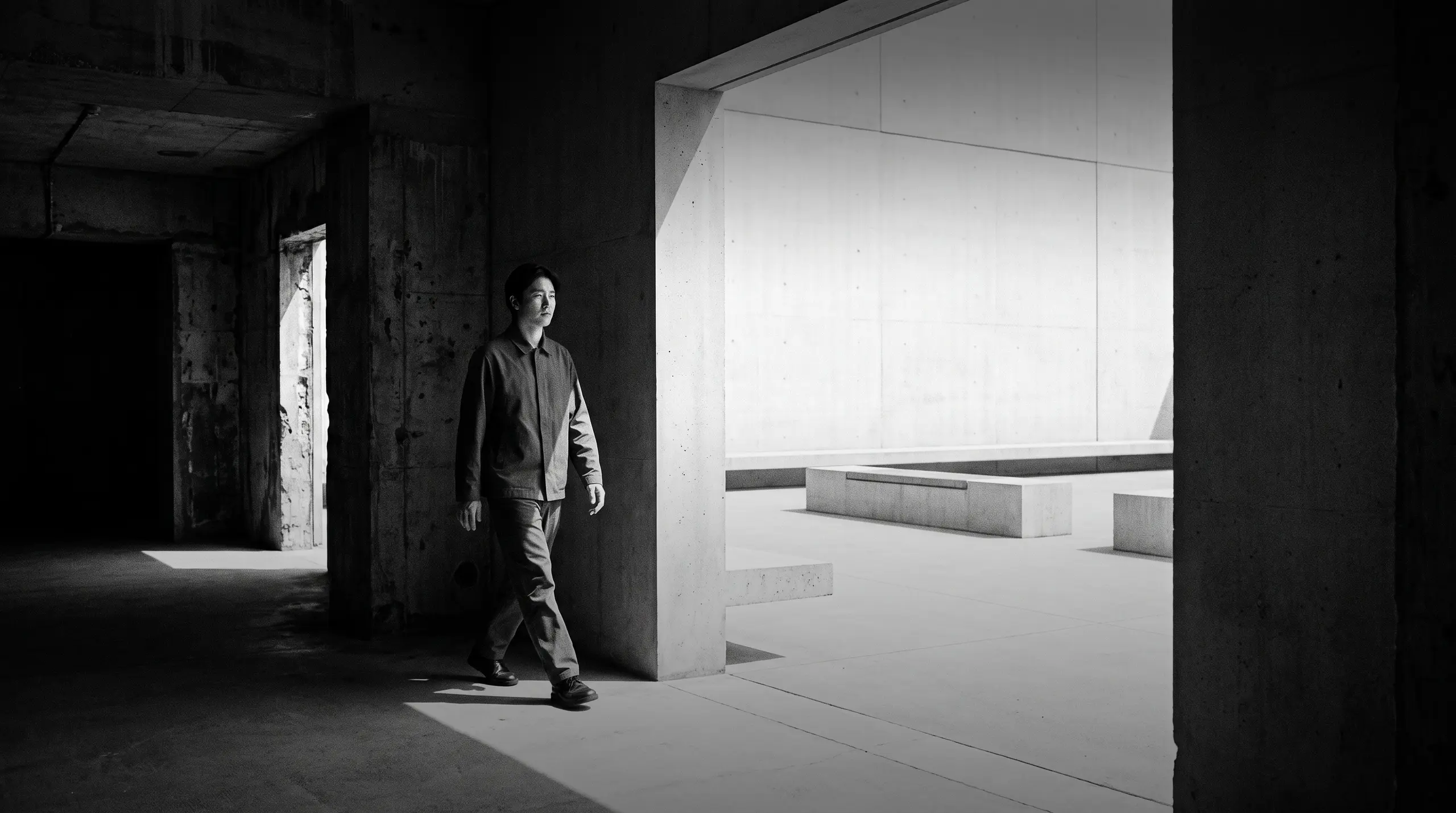 HUMAN STRUCTURES: Un homme traverse un couloir de béton sombre et débouche à un angle lumineux sur une terrasse ouverte bordée de bancs.