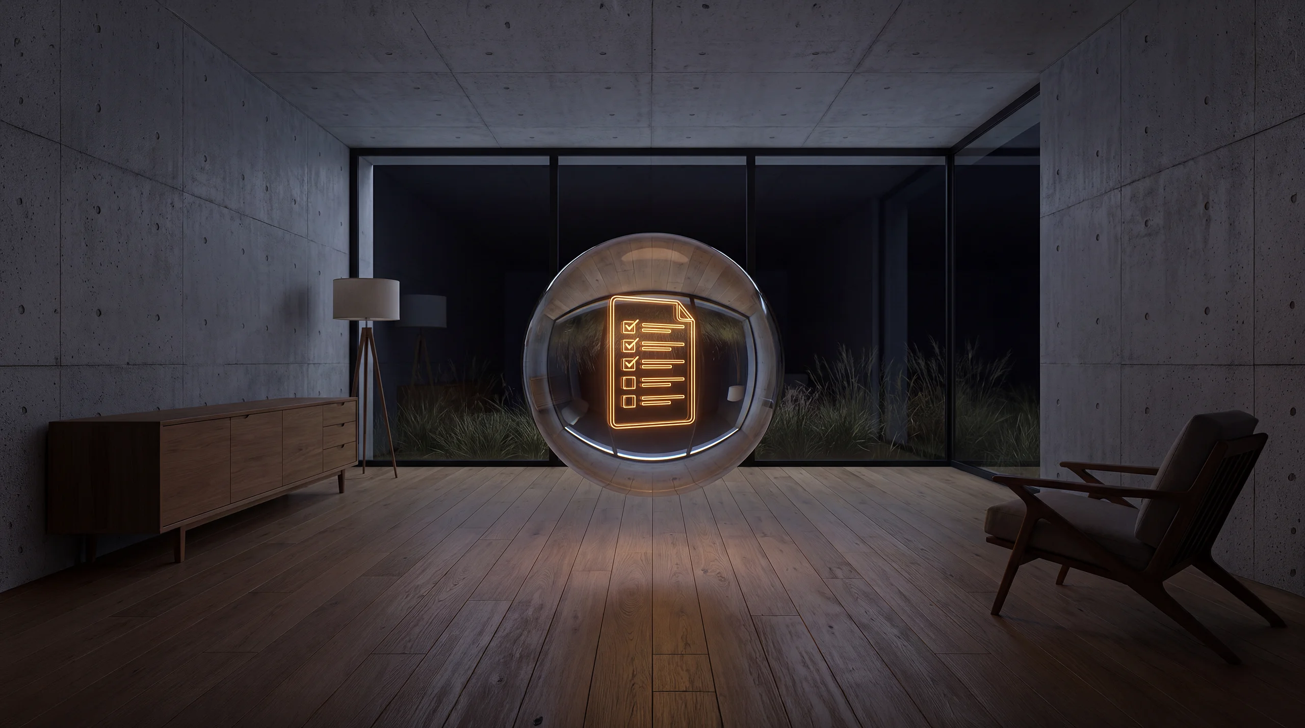 Light hologram: an upright floating checklist, the upper items checked, the last one still open – dim agency interior of exposed concrete and oak.