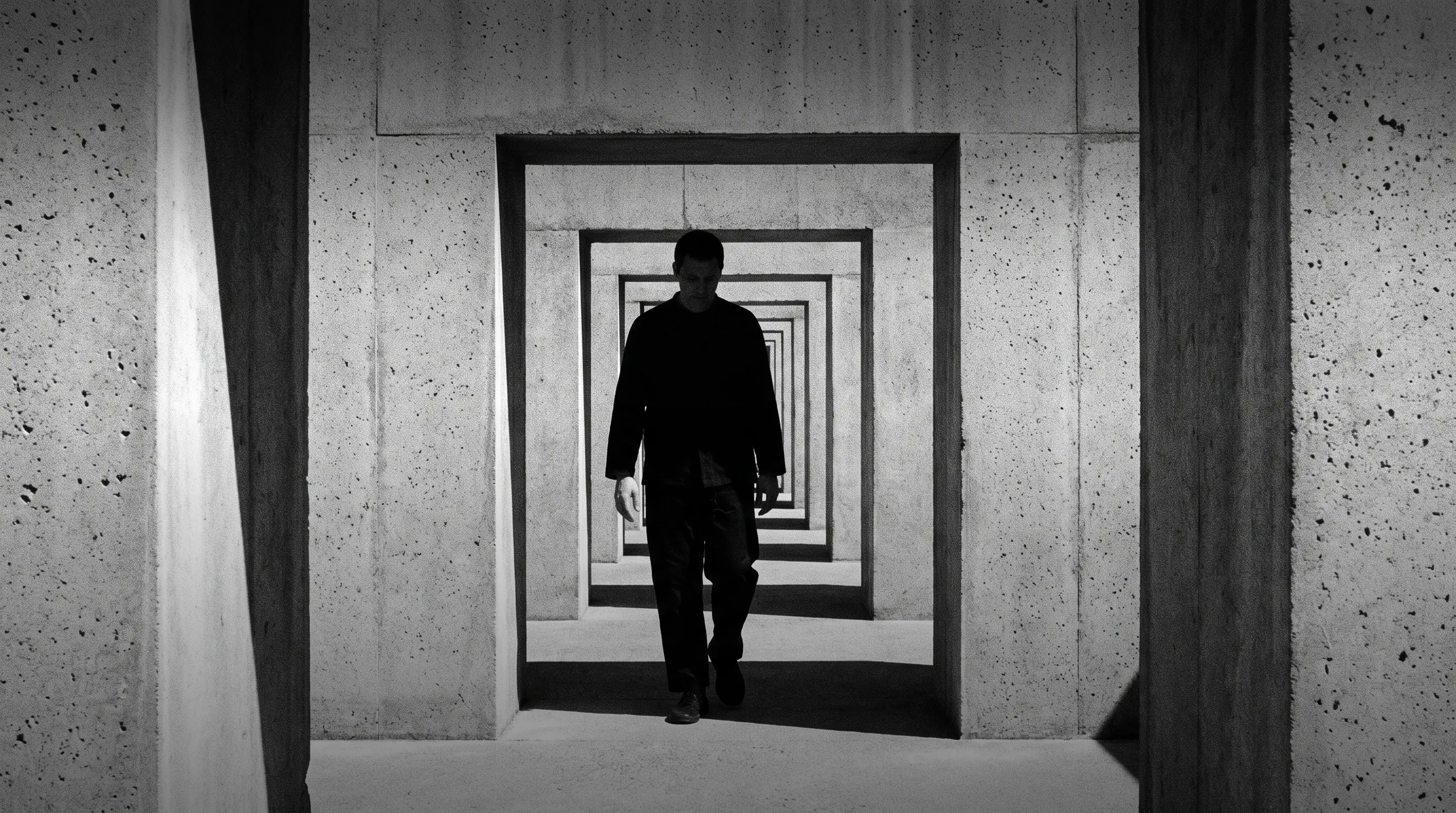 HUMAN STRUCTURES : Un homme marche, silhouette sombre, à travers une succession de cadres carrés en béton qui se répètent en profondeur.