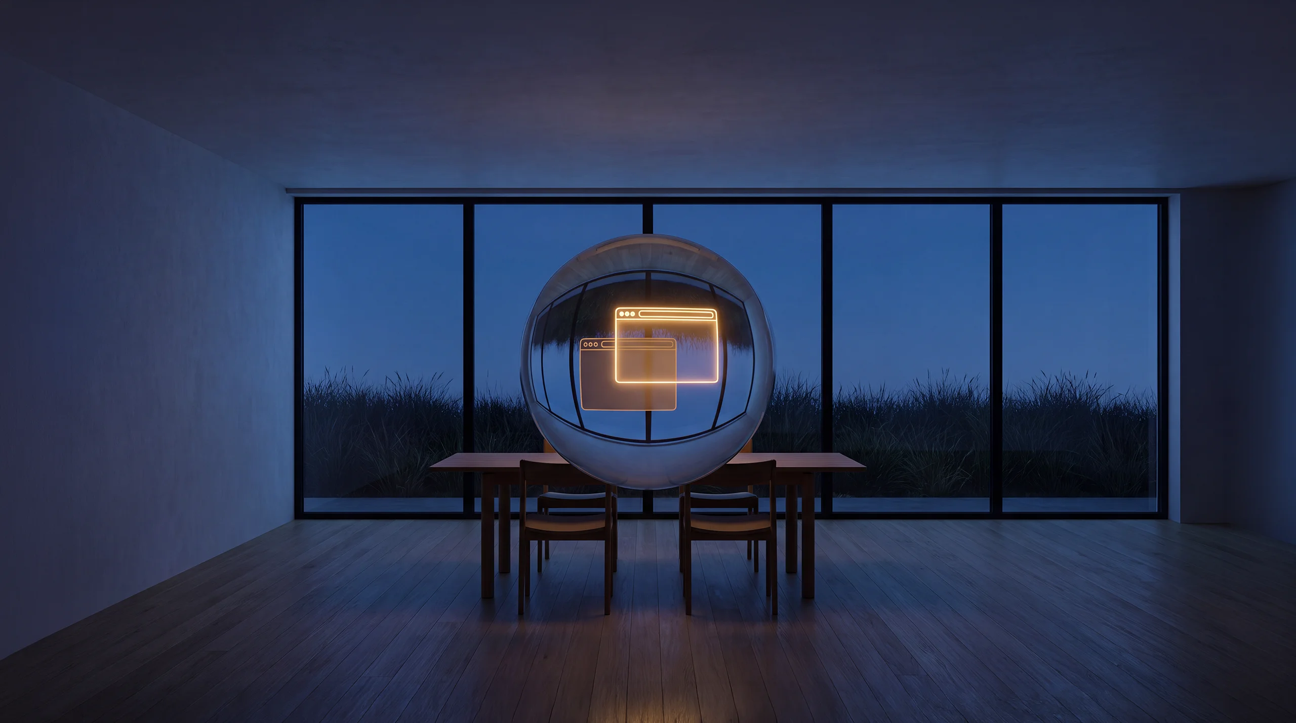 Light hologram: two browser windows – a dim old one sinking down and a bright new one rising above it – dim agency interior of exposed concrete and oak.