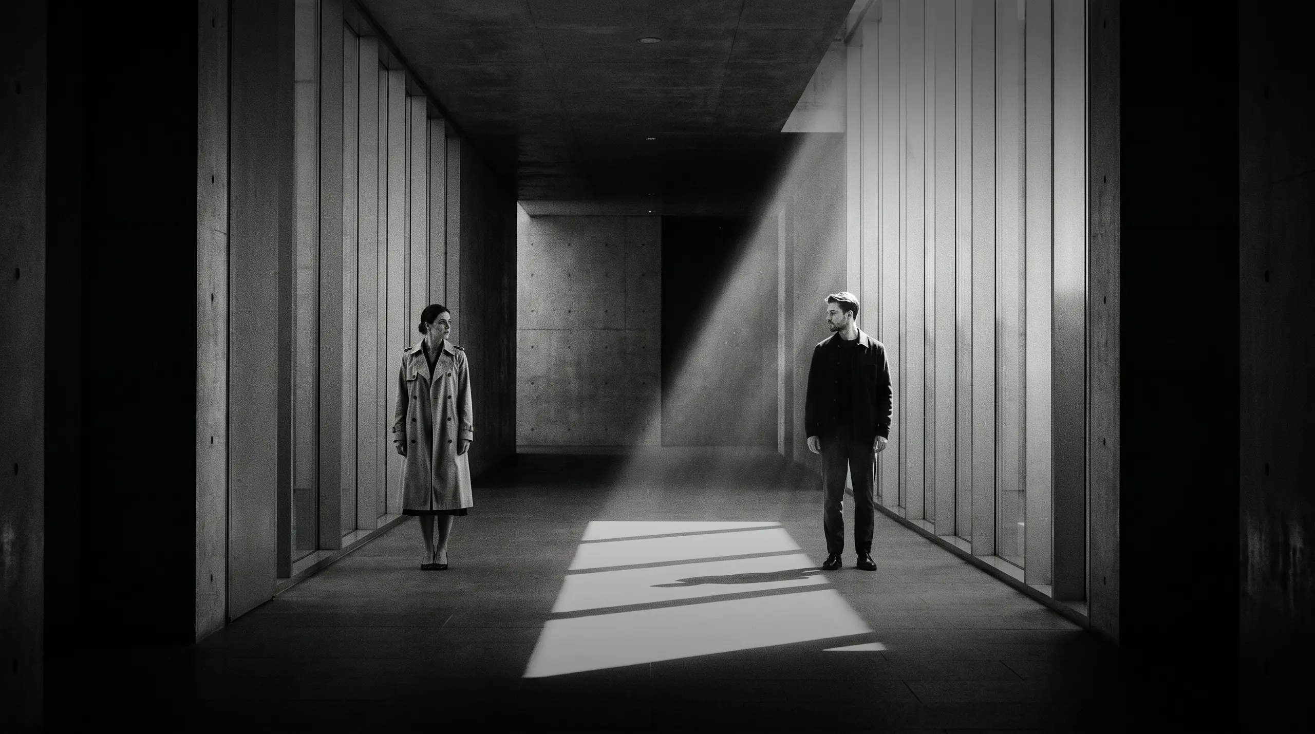 HUMAN STRUCTURES: Une femme et un homme se font face dans un long couloir en béton, séparés par une bande de lumière diagonale au sol.