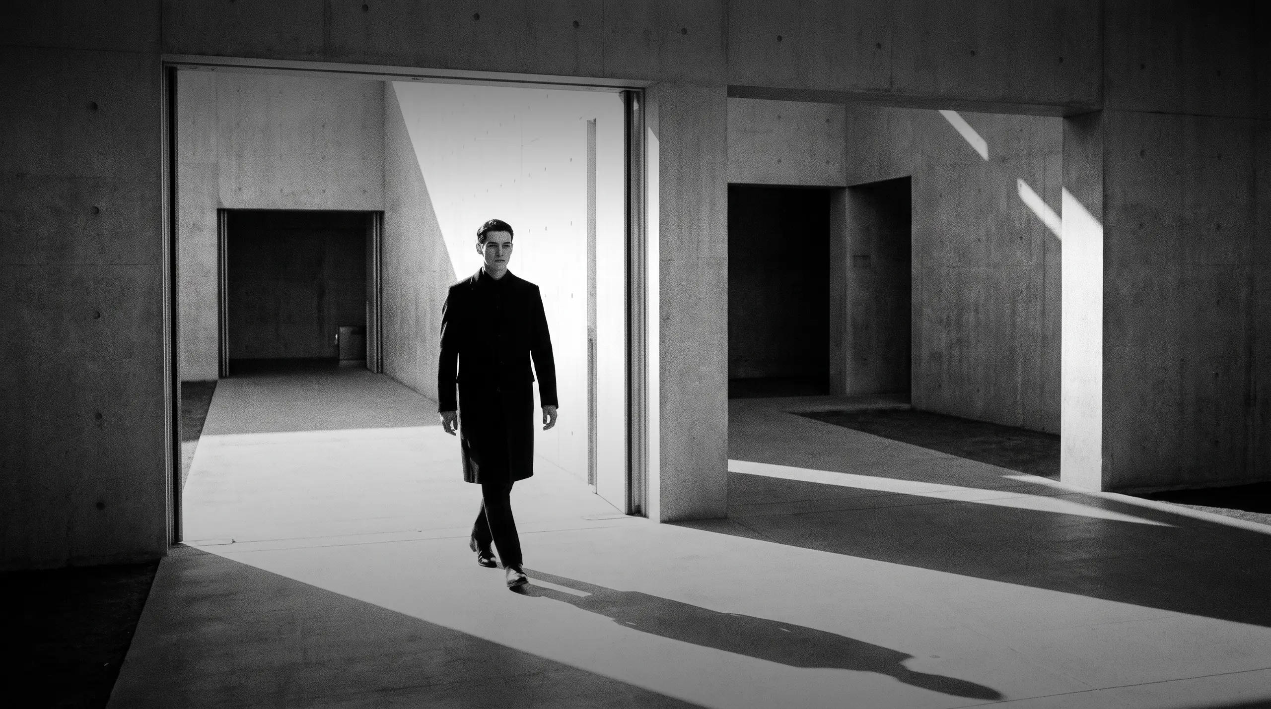 HUMAN STRUCTURES : Un homme en manteau sombre s'avance vers l'objectif à travers une porte lumineuse, flanquée de deux passages latéraux sombres en fort contraste.