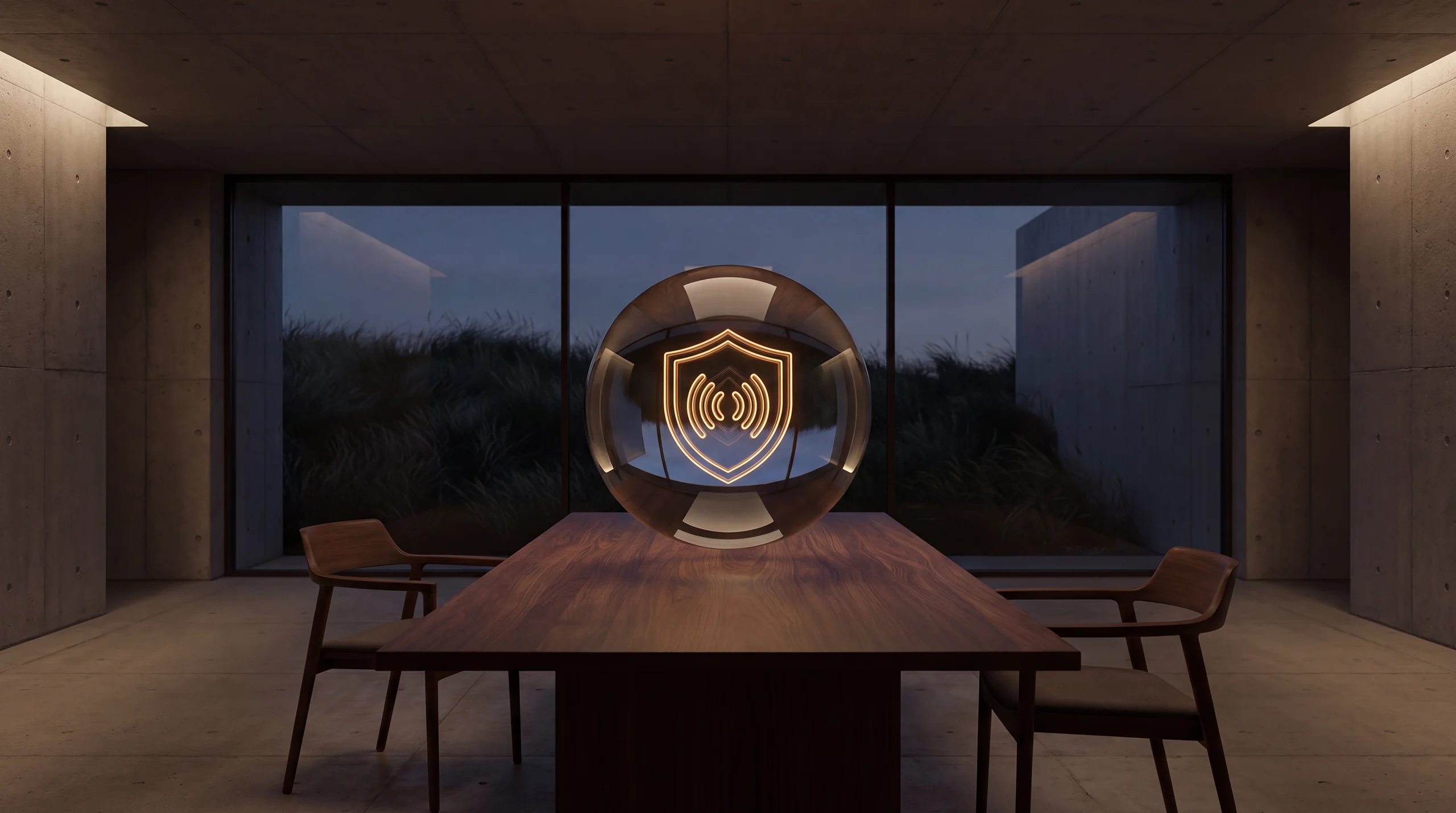 Hologramme de lumière : une rampe en pente douce longeant les marches, une large porte ouverte au sommet – intérieur d'agence tamisé en béton brut et chêne.