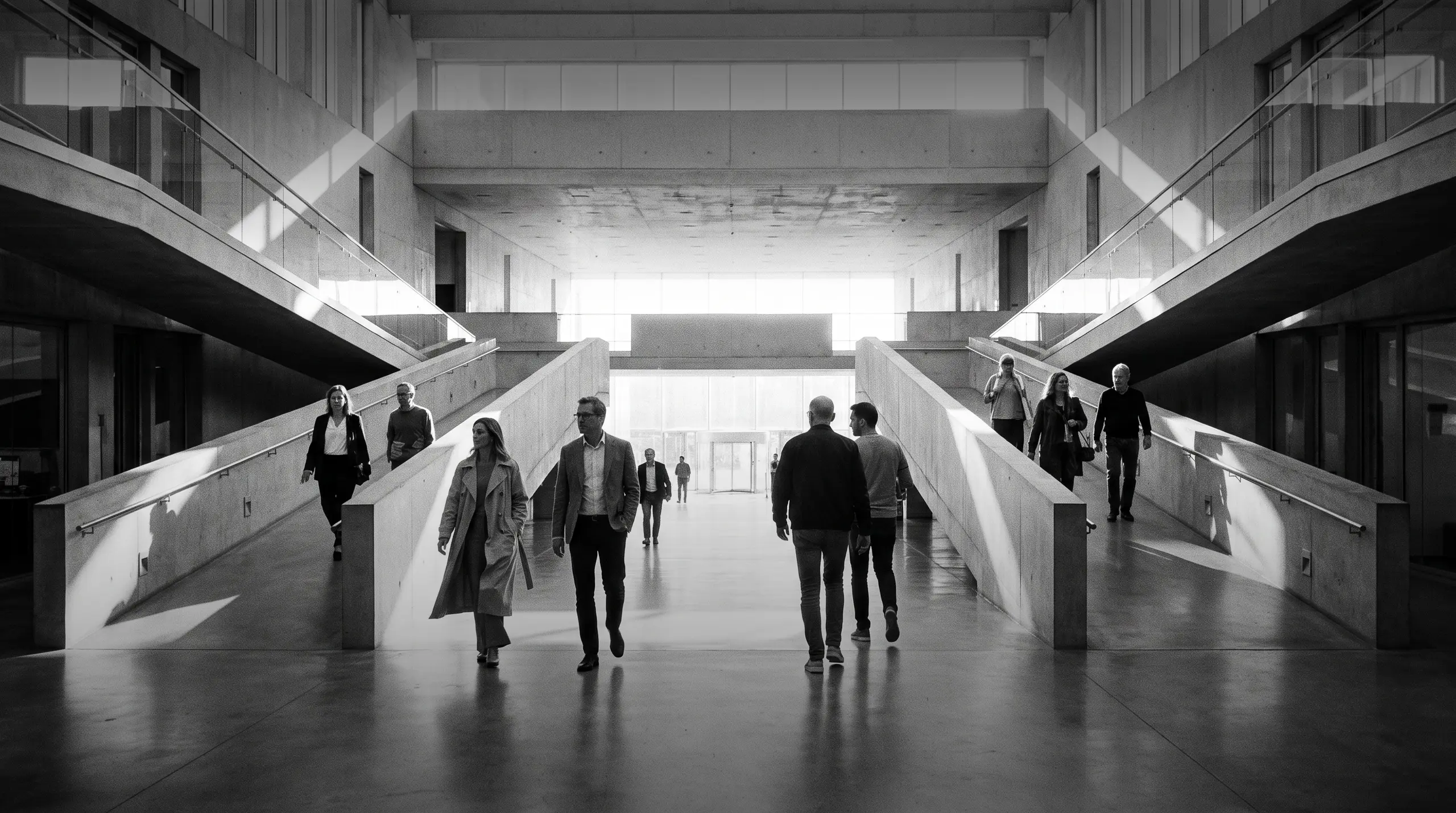 HUMAN STRUCTURES: Several people walk down two symmetrical concrete ramps toward a bright hall, sunlight falling in angled bands through the windows above.