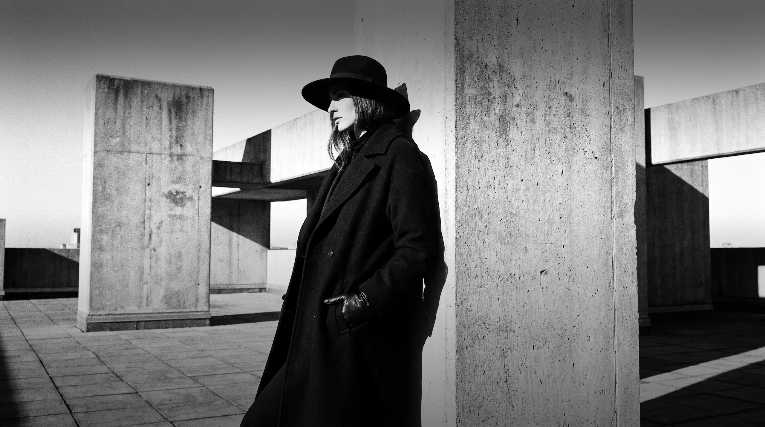 HUMAN STRUCTURES: Une femme au chapeau et long manteau s'appuie contre un pilier de béton massif sur une terrasse, profil saisi dans une lumière dure.