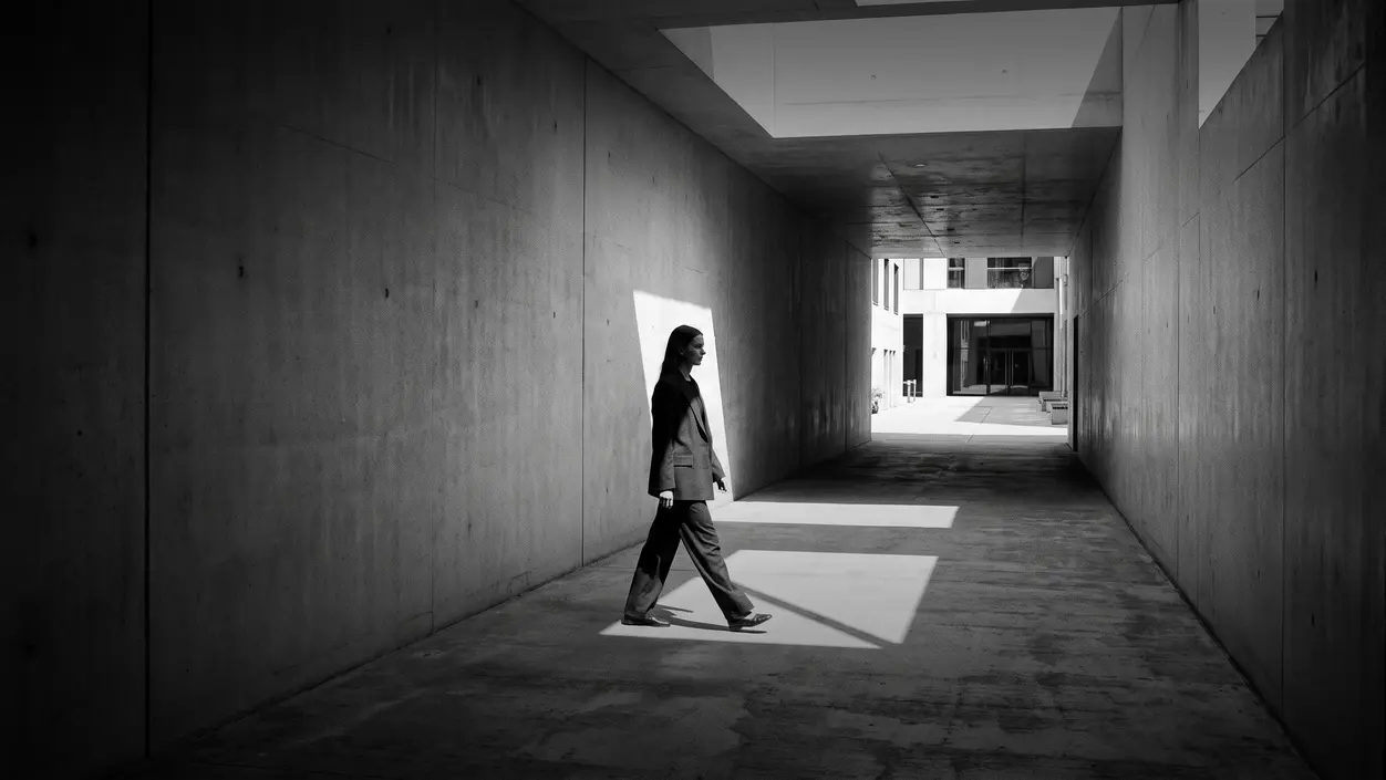 HUMAN STRUCTURES: A woman in a light blazer crosses a shadowed concrete corridor as a sharp beam of daylight falls through a ceiling opening onto the floor.