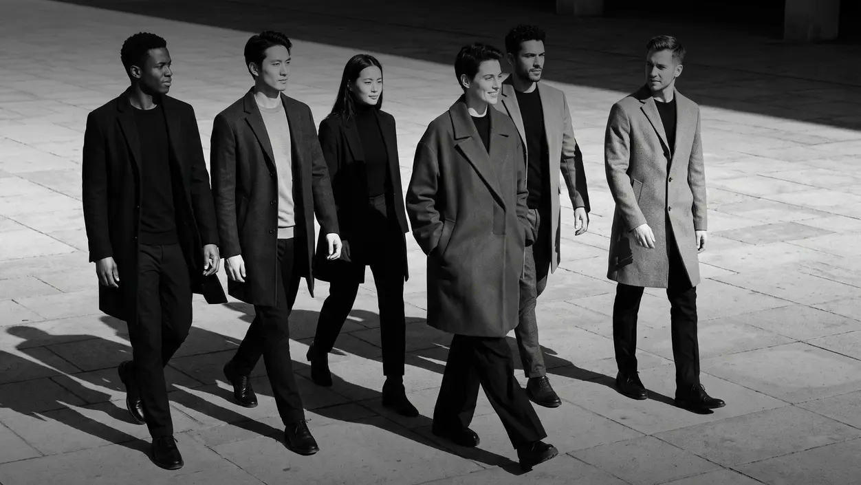 HUMAN STRUCTURES: Six people in dark coats cross a wide stone plaza together, low sunlight casting long, sharp shadows behind them.