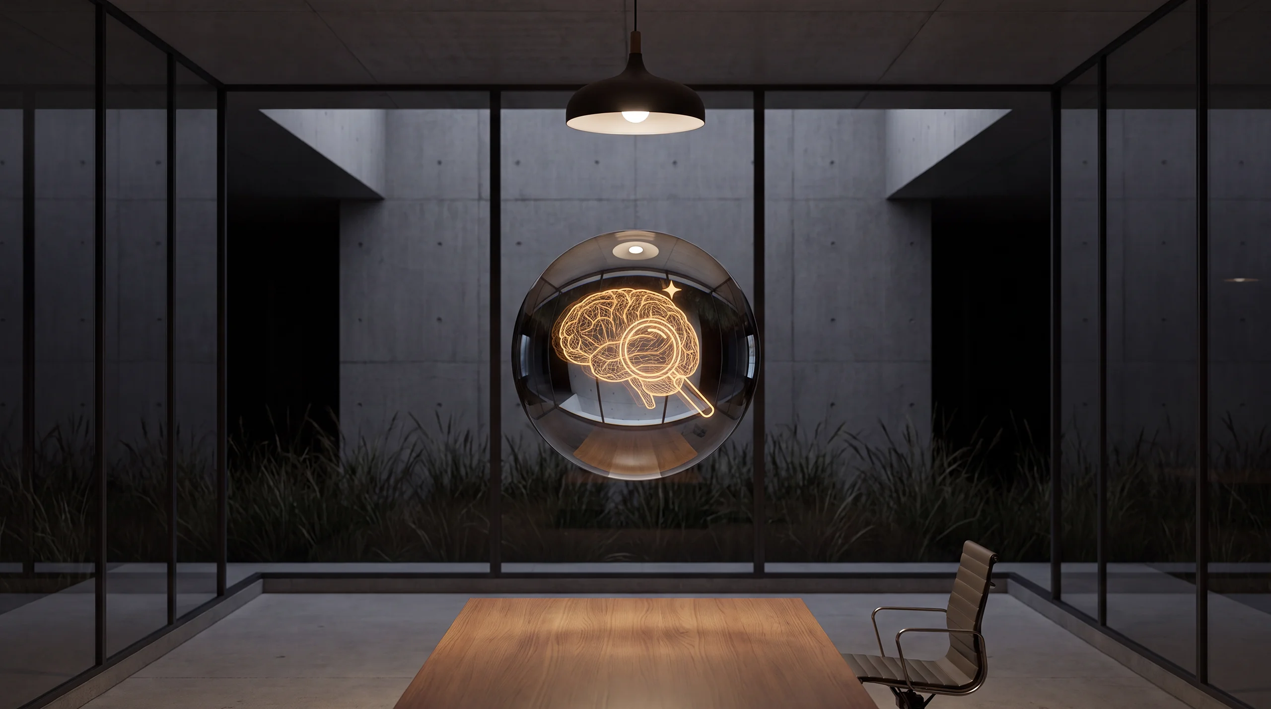Light hologram: a speech bubble with a bright four-pointed star shining inside it – dim agency interior of exposed concrete and oak.