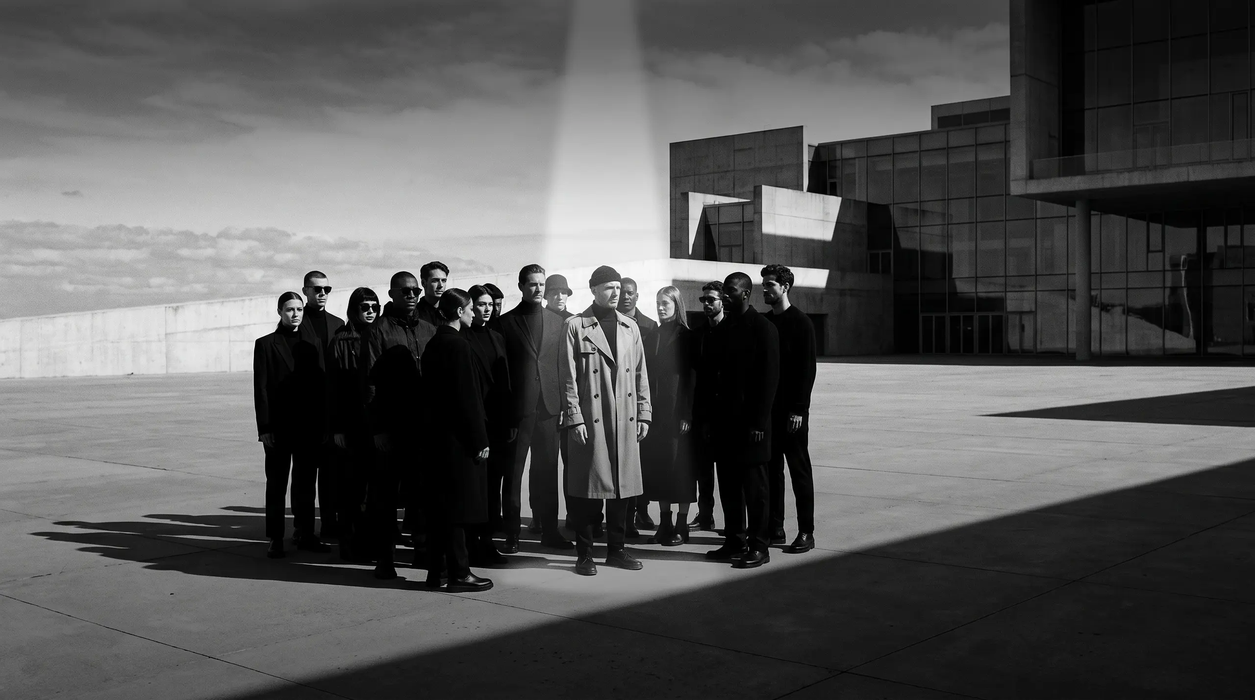 HUMAN STRUCTURES: Un groupe d'une quinzaine de personnes en tenue sombre se tient serré sur une place, un rayon de lumière éclairant une silhouette en manteau clair.