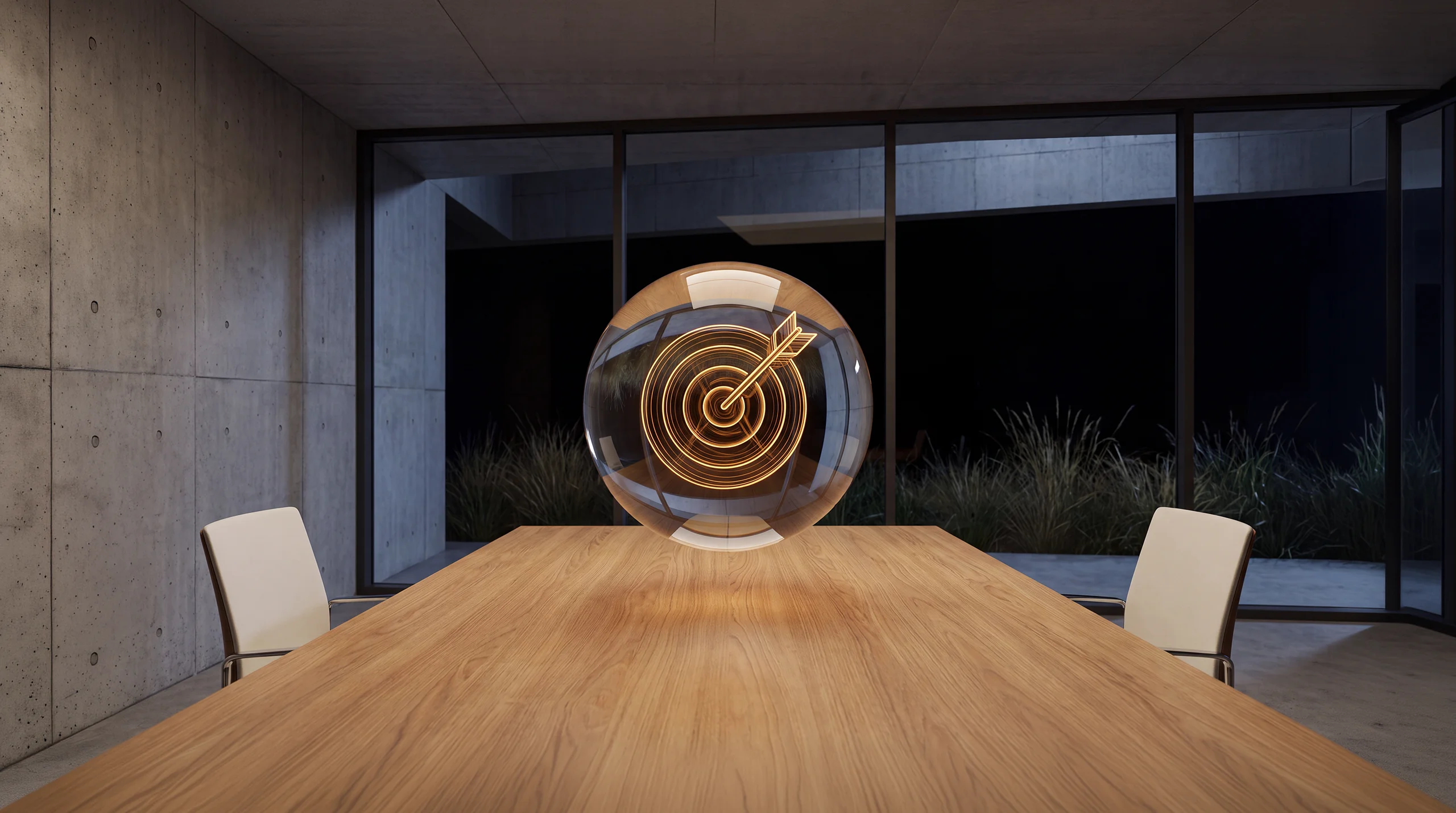 Light hologram: an arrow cursor striking the bright centre of a target of concentric rings – dim agency interior of exposed concrete and oak.