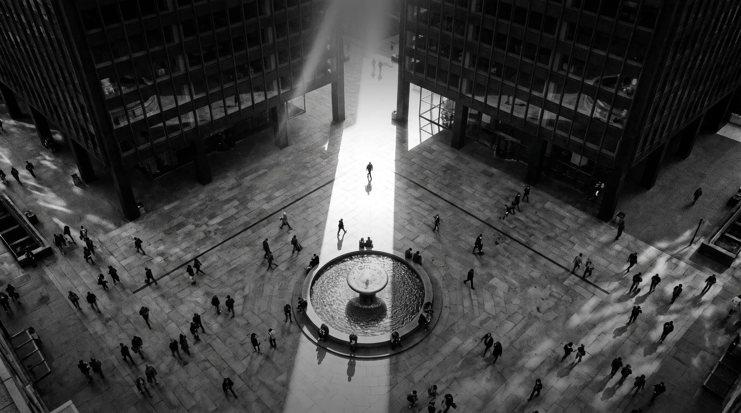 HUMAN STRUCTURES: Seen from above, a crowd crosses a plaza between two office towers, a bright shaft of light striking a round fountain at its center.
