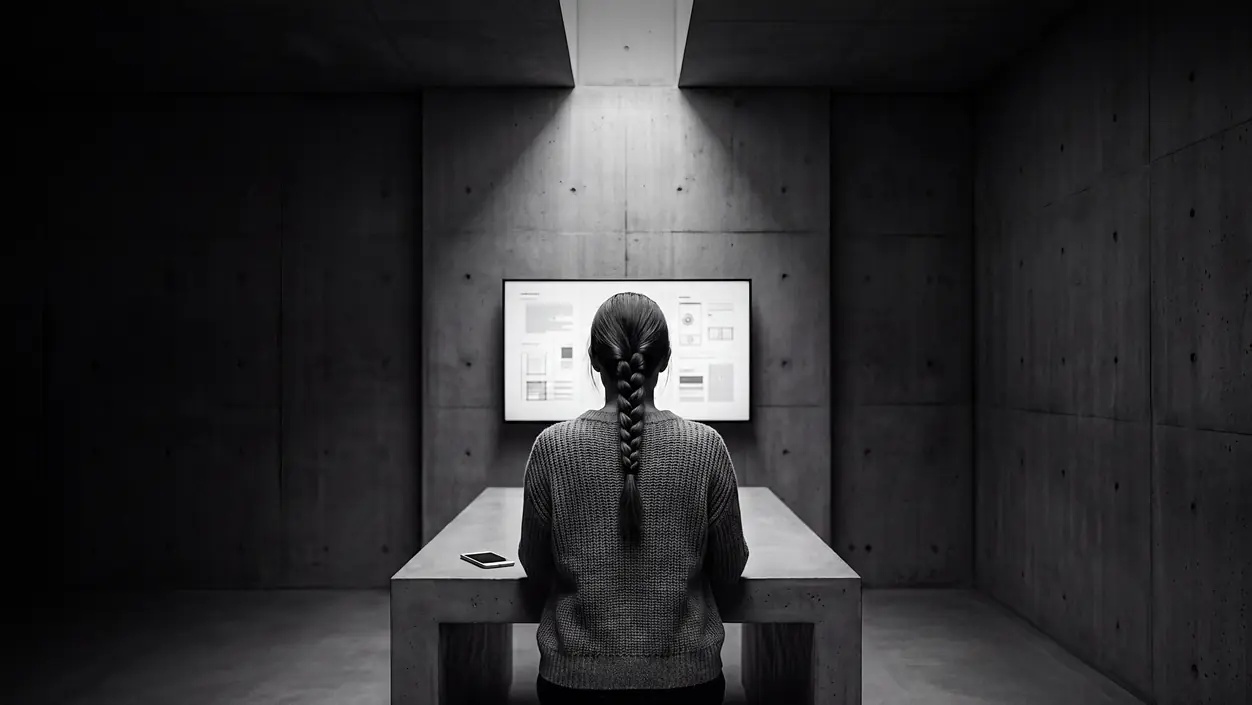 AI-generated image from the HUMAN STRUCTURES series: In the evening, a woman with a braid sits at a concrete desk in a quiet exposed-concrete room, looking at a screen with charts, while light falls through an opening in the ceiling.