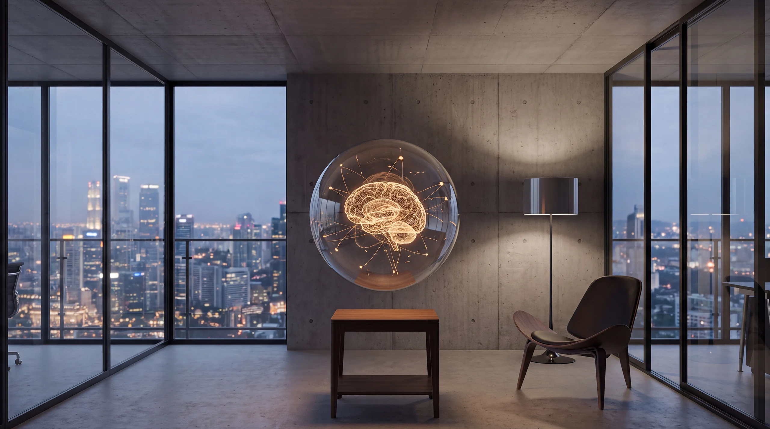 Light hologram: a clearly recognisable brain made of fine connected neuron lines, softly pulsing – dim agency interior of exposed concrete and oak.