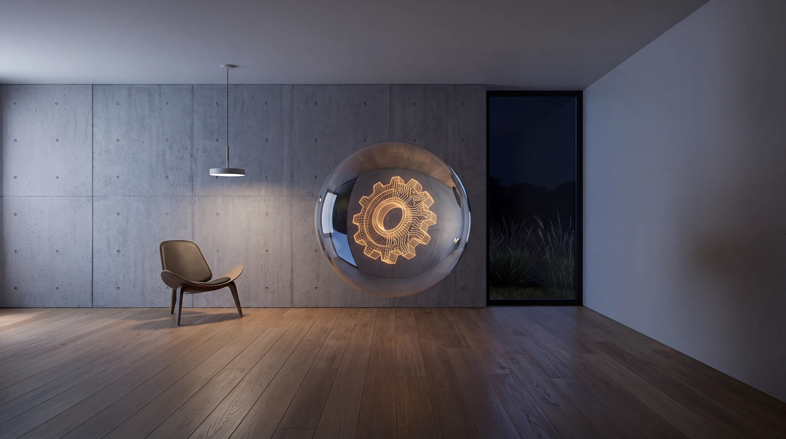 Light hologram: a cubic lattice of glowing nodes assembling itself layer by layer – dim agency interior of exposed concrete and oak.