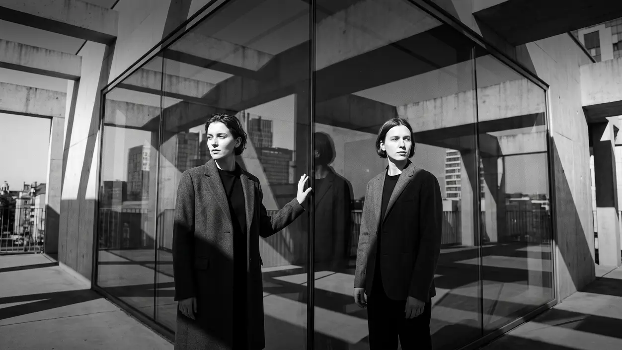 HUMAN STRUCTURES: Two people stand at the glazed corner of a raw-concrete building, one hand resting on the glass, the city skyline reflected behind them.