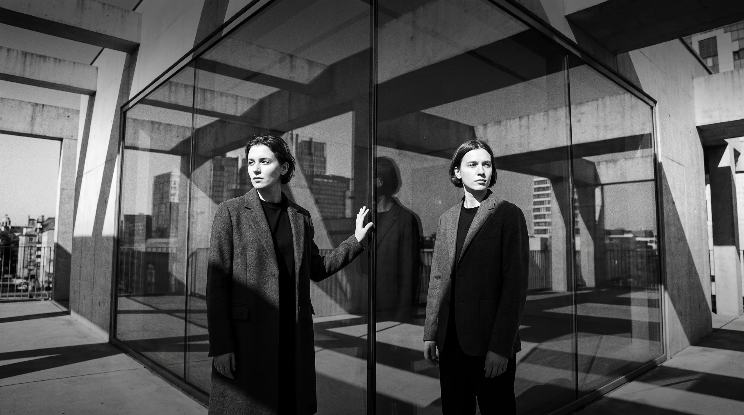 HUMAN STRUCTURES: Two people stand at the glazed corner of a raw-concrete building, one hand resting on the glass, the city skyline reflected behind them.