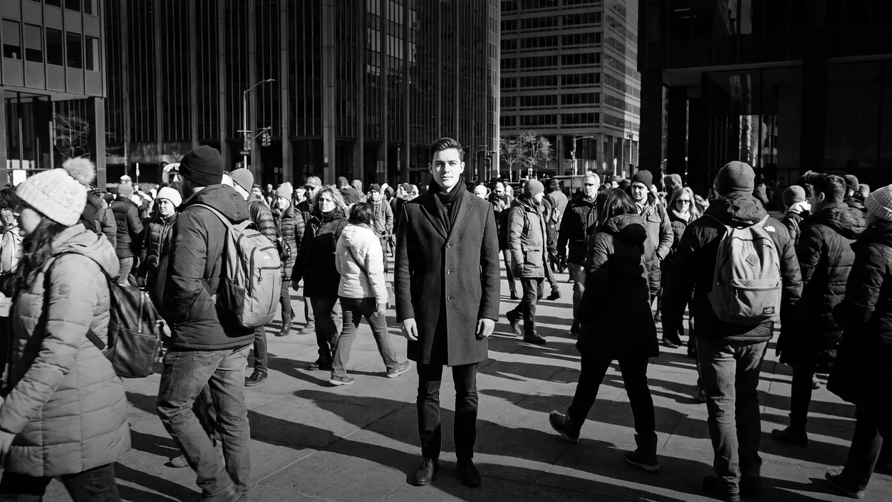 HUMAN STRUCTURES: A man in a dark coat stands motionless amid a crowd bundled in winter jackets crossing a plaza framed by high-rise towers.