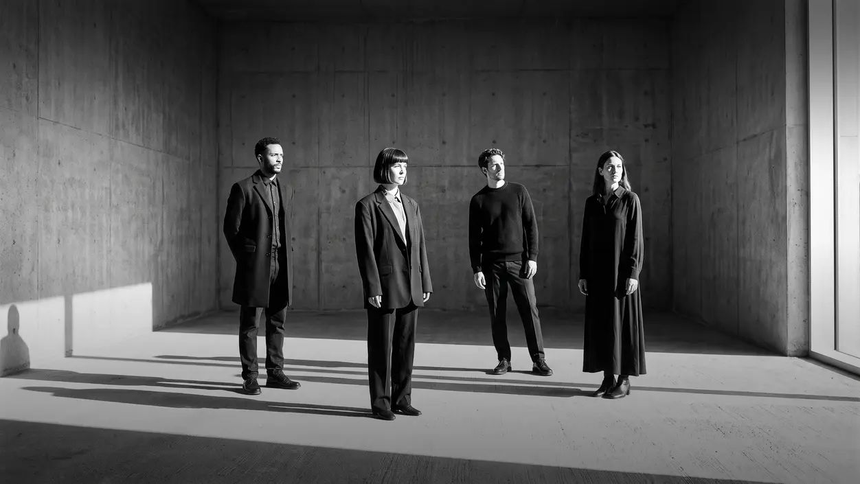HUMAN STRUCTURES: Four people in dark clothing stand side by side in a bare concrete room, sharp shadows tracing the floor beneath them.