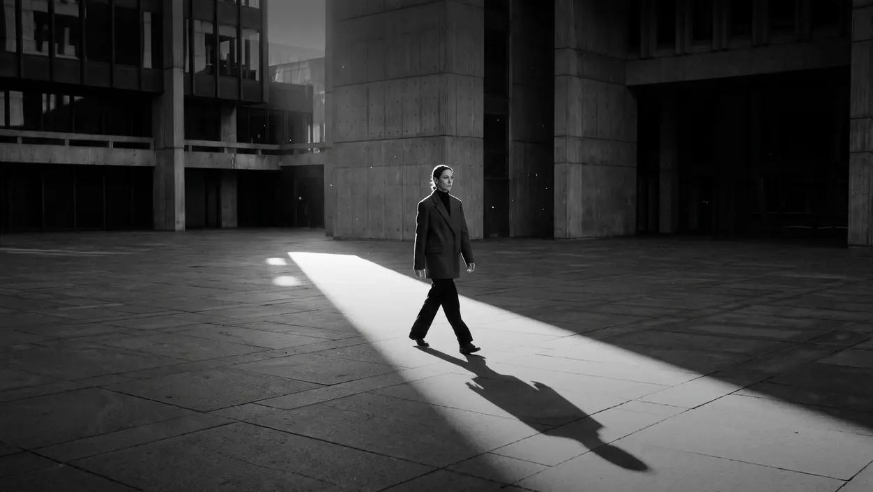 HUMAN STRUCTURES: A woman in a dark coat walks alone across a vast, empty concrete plaza, a sharply defined band of light cutting through the surrounding shadow.
