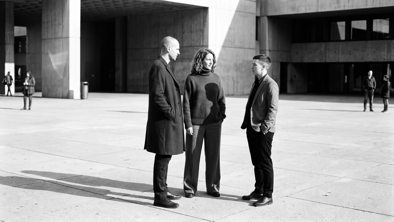 HUMAN STRUCTURES: Two small groups of people in dark clothing stand talking on a concrete plaza in bright sunlight, casting long dramatic shadows.