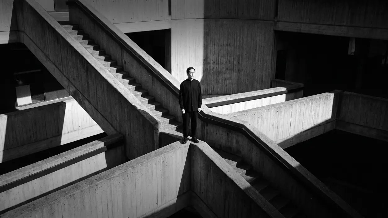 HUMAN STRUCTURES: Seen from above, a person stands at the junction of several concrete staircases branching out like a star, casting hard shadows.