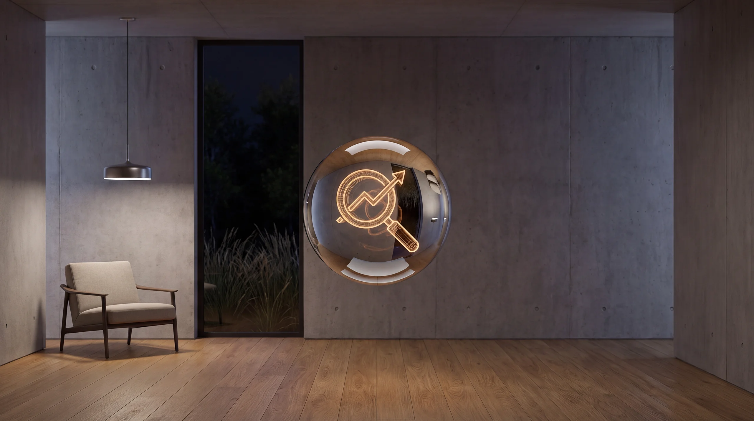 Light hologram: a clearly recognisable magnifying glass hovering over a rising luminous curve – dim agency interior of exposed concrete and oak.