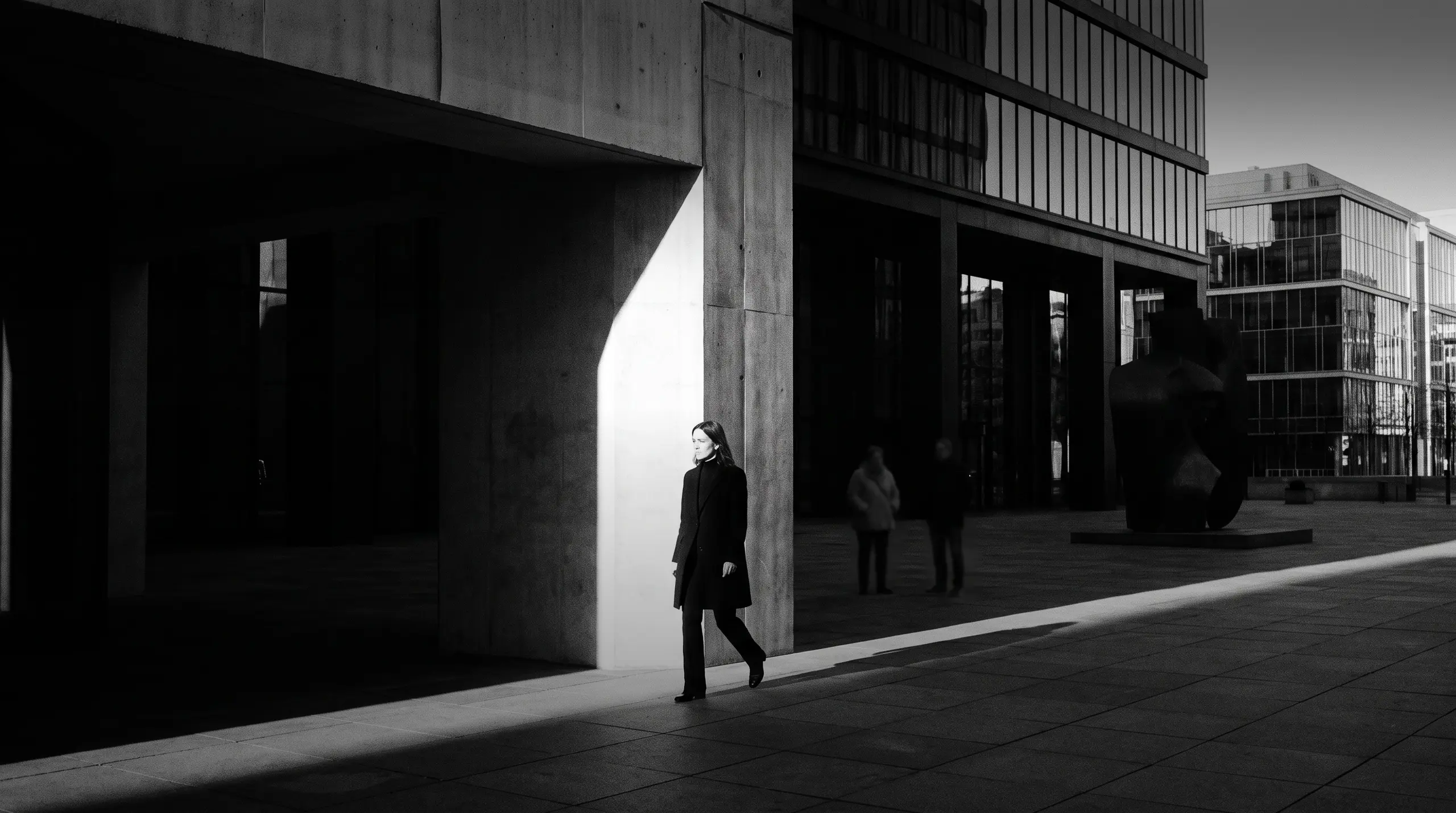 HUMAN STRUCTURES: A woman in a black coat walks along a concrete facade, two blurred figures standing near a dark sculpture in the background.