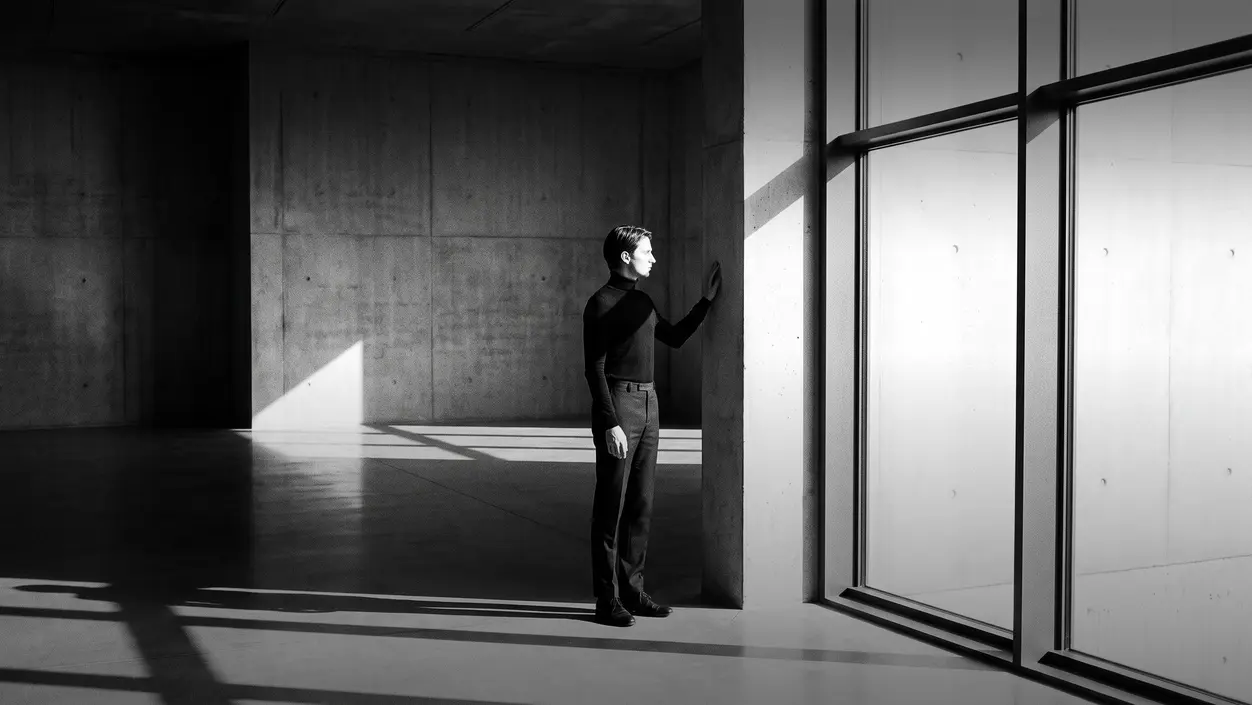 HUMAN STRUCTURES: A man in a turtleneck rests his hand on a concrete wall beside a floor-to-ceiling window, gazing out into the light.