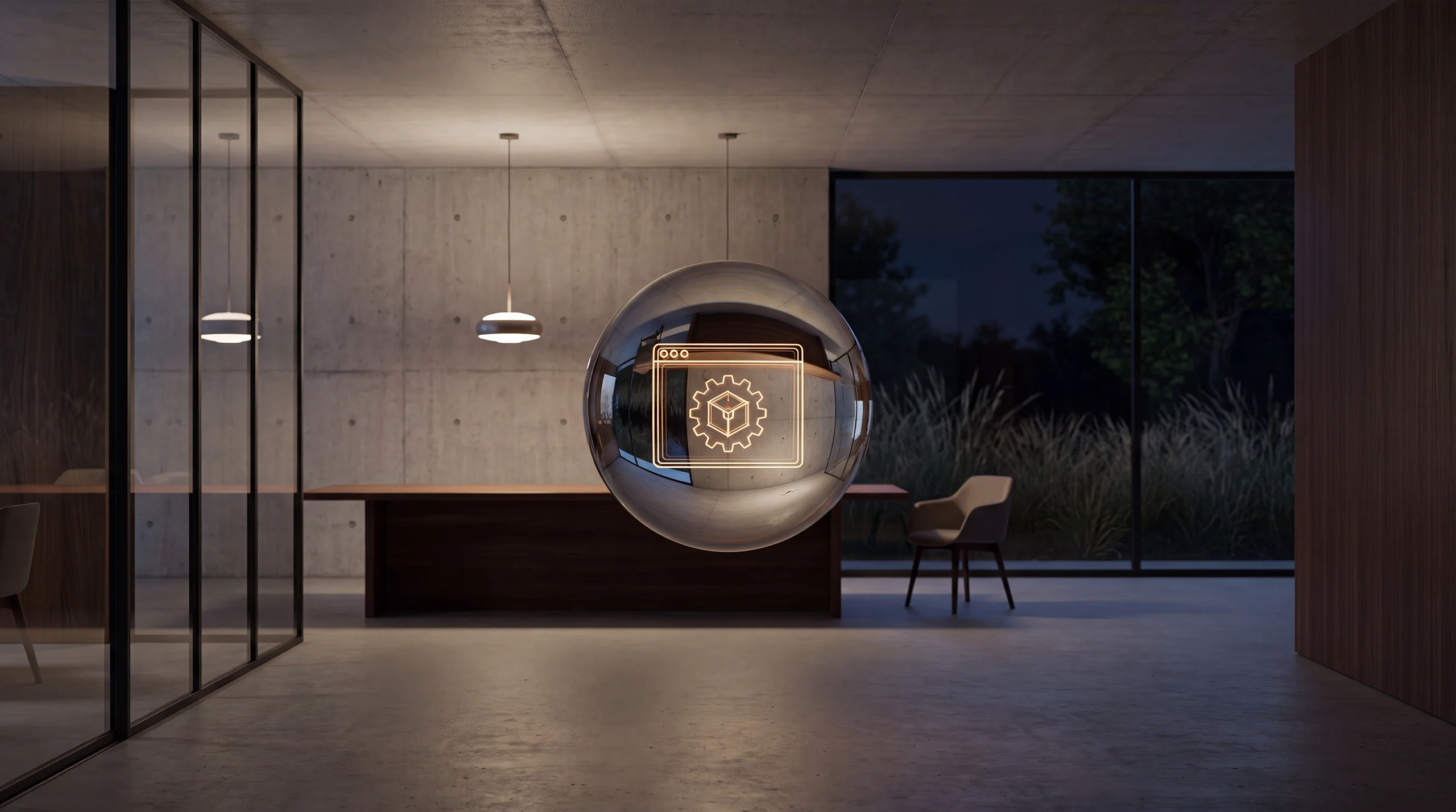 Hologramme de lumière : trois engrenages bien reconnaissables s'imbriquant avec précision – intérieur d'agence tamisé en béton brut et chêne.
