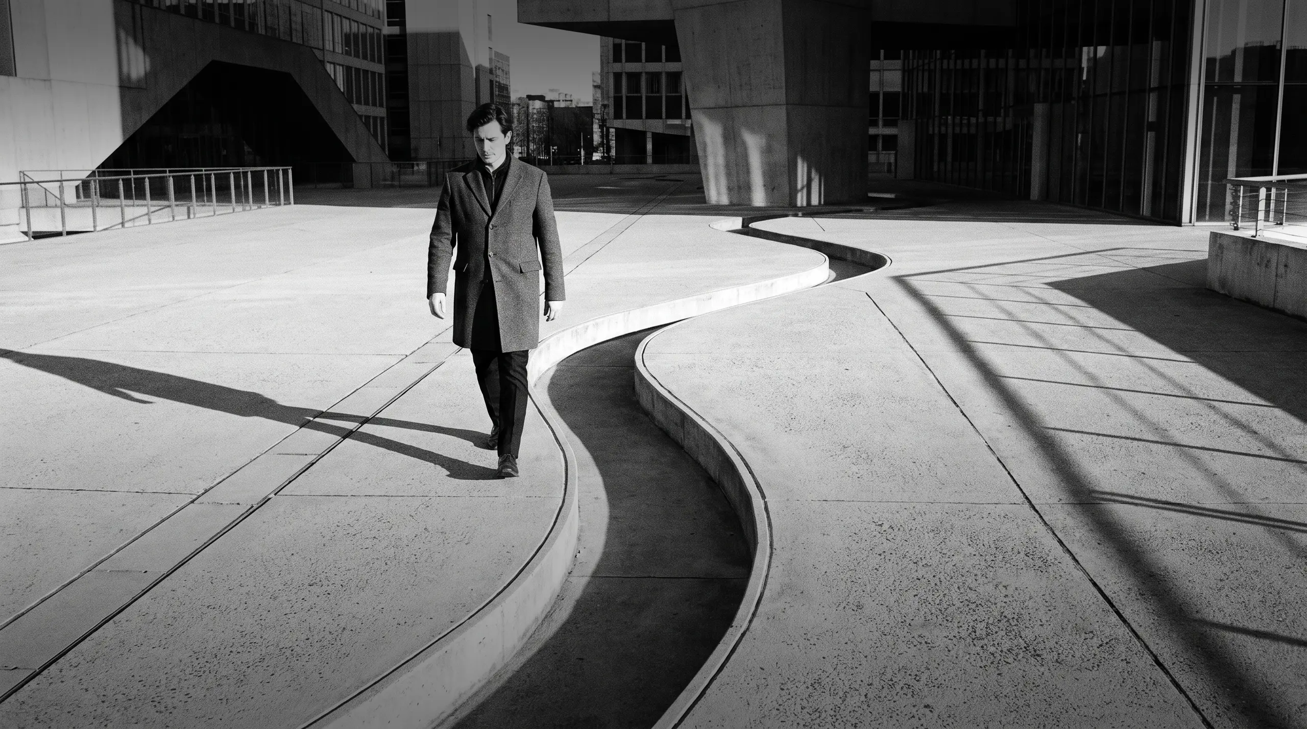 HUMAN STRUCTURES: A man in a gray coat walks along a curving concrete channel across a plaza, framed by angular glass and concrete facades in backlight.