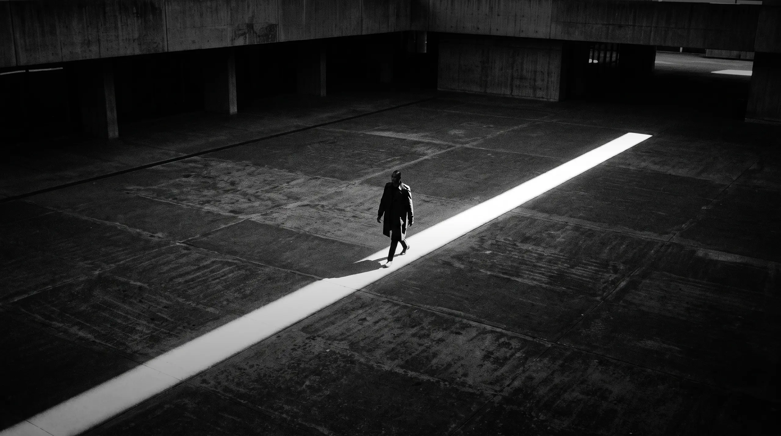 HUMAN STRUCTURES : Une silhouette solitaire traverse une vaste cour en béton sombre, où une fine bande de lumière vive s'étend en diagonale sur le sol.