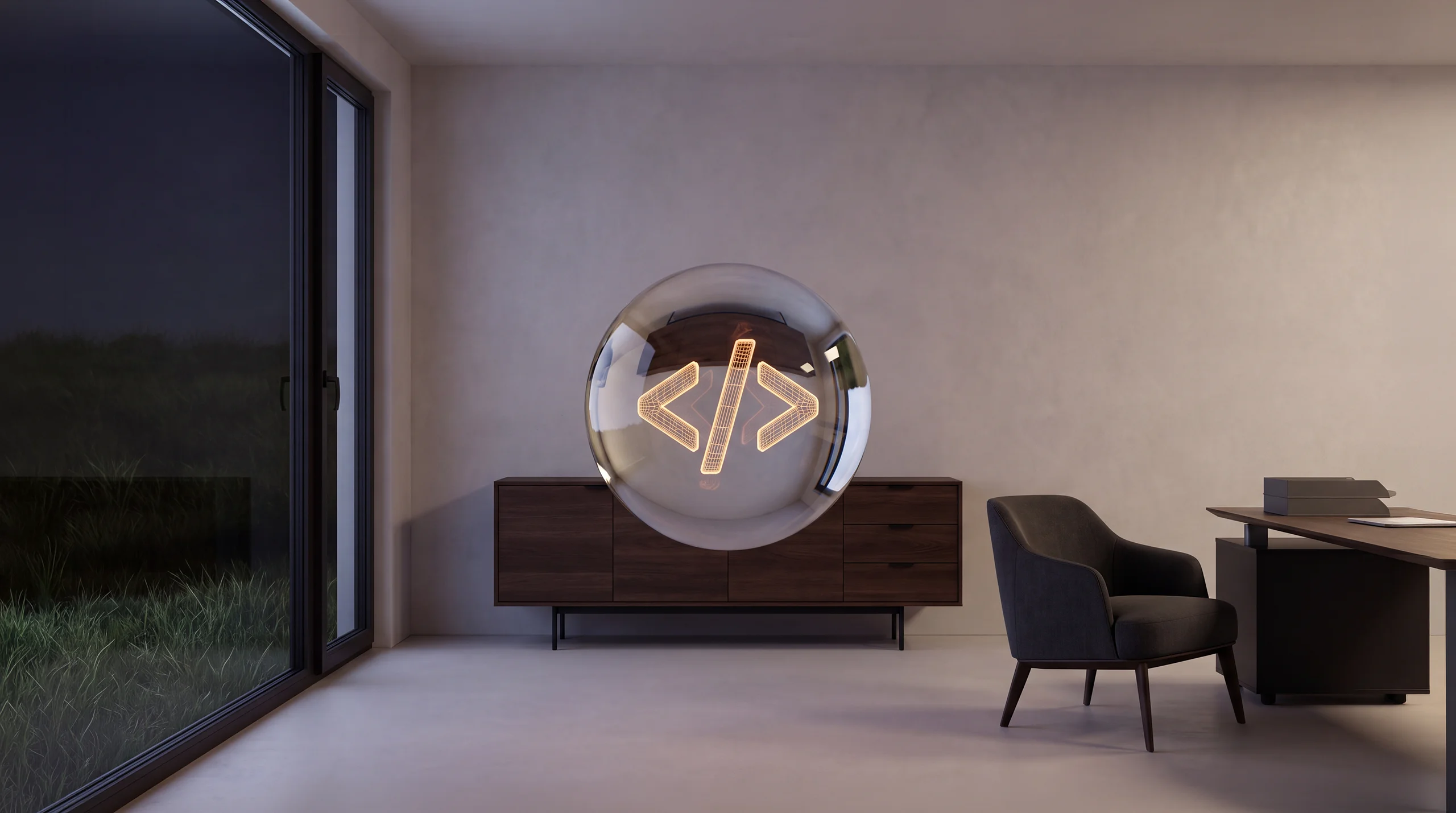 Hologramme de lumière : deux grands chevrons lumineux encadrant une colonne de lignes de code diffuses – intérieur d'agence tamisé en béton brut et chêne.