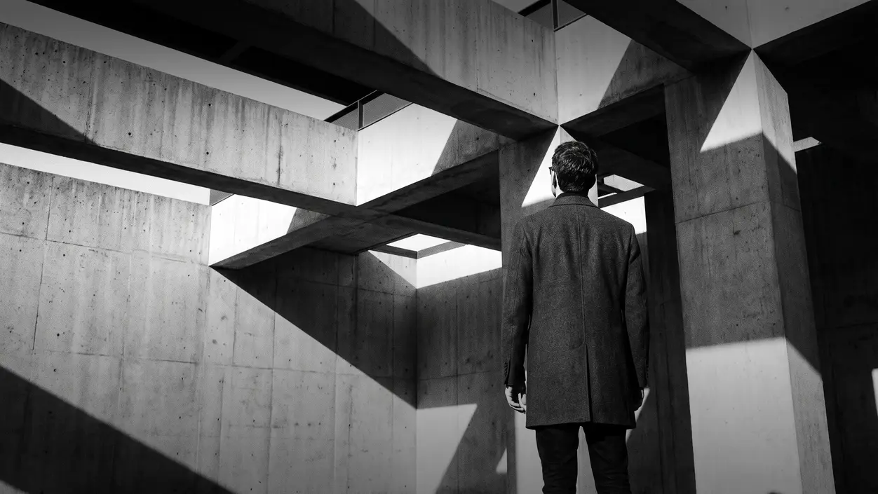 HUMAN STRUCTURES: A man seen from behind walks into an angular concrete corridor, overhanging beams crossing above him in harsh backlight.
