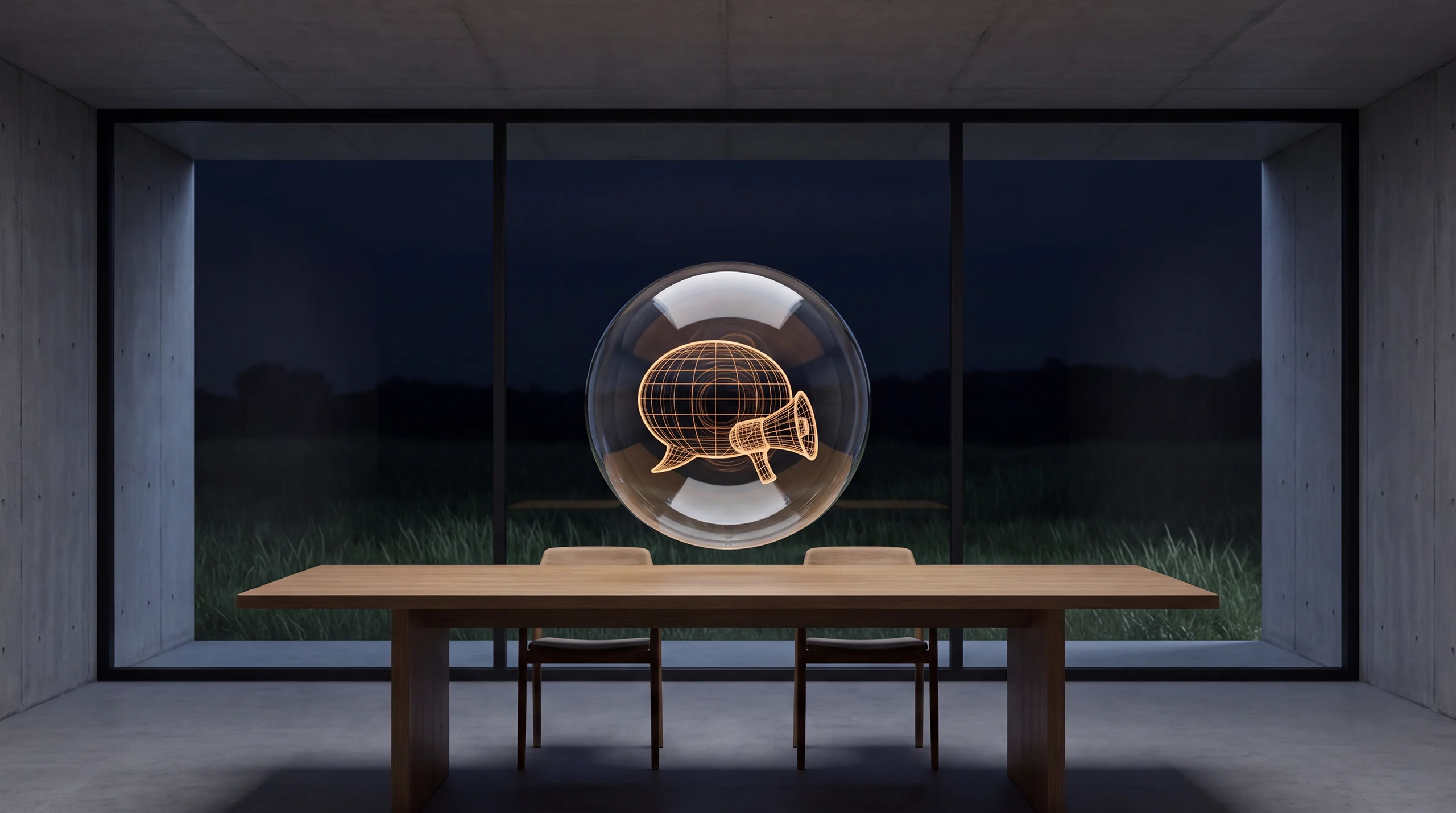 Lichthologramm: ein Megafon, das weiche konzentrische Lichtringe aussendet – dämmriger Agenturraum mit Sichtbeton und Eichenholz.