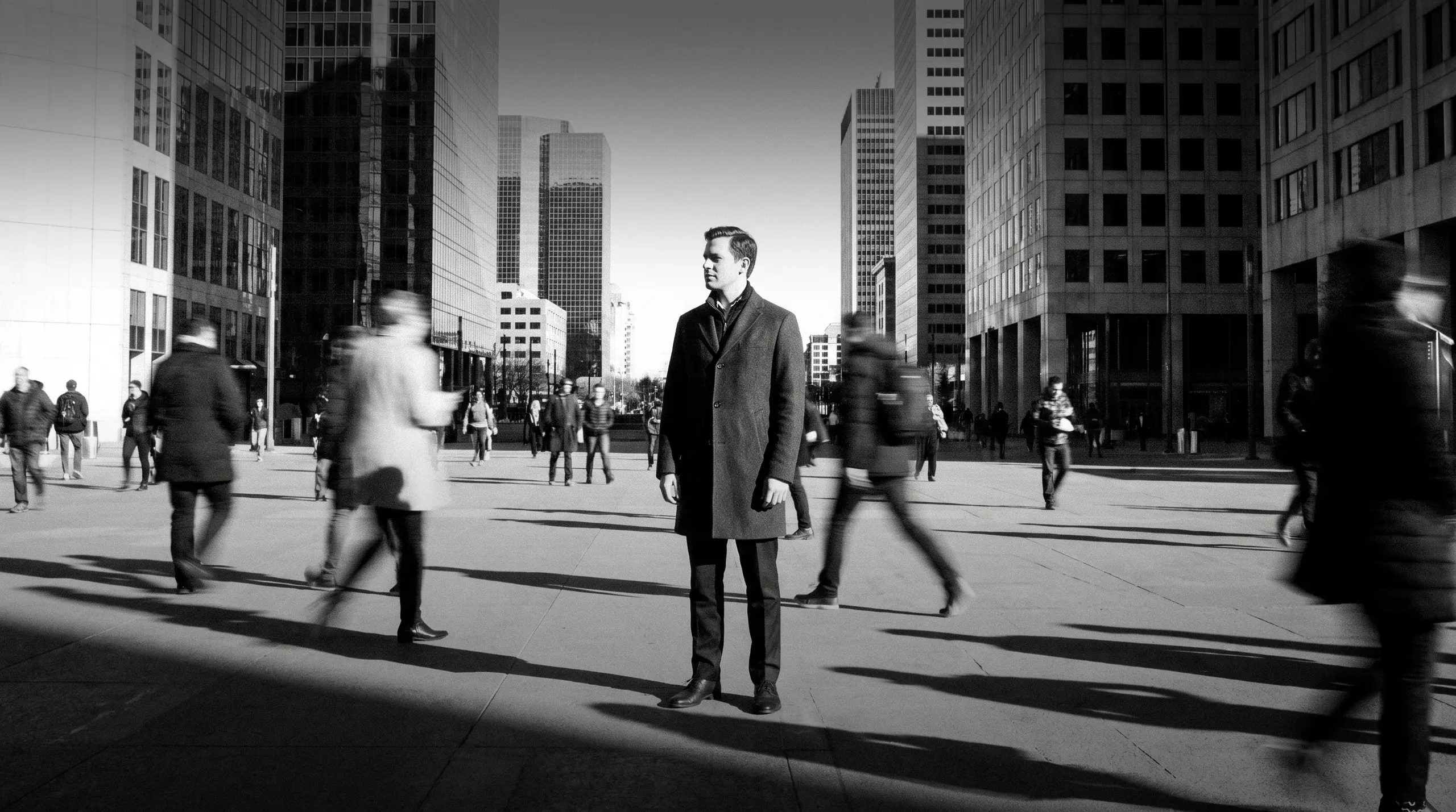 HUMAN STRUCTURES: Un homme en manteau sombre se tient net et immobile sur une place, tandis que des passants flous se pressent entre les tours.